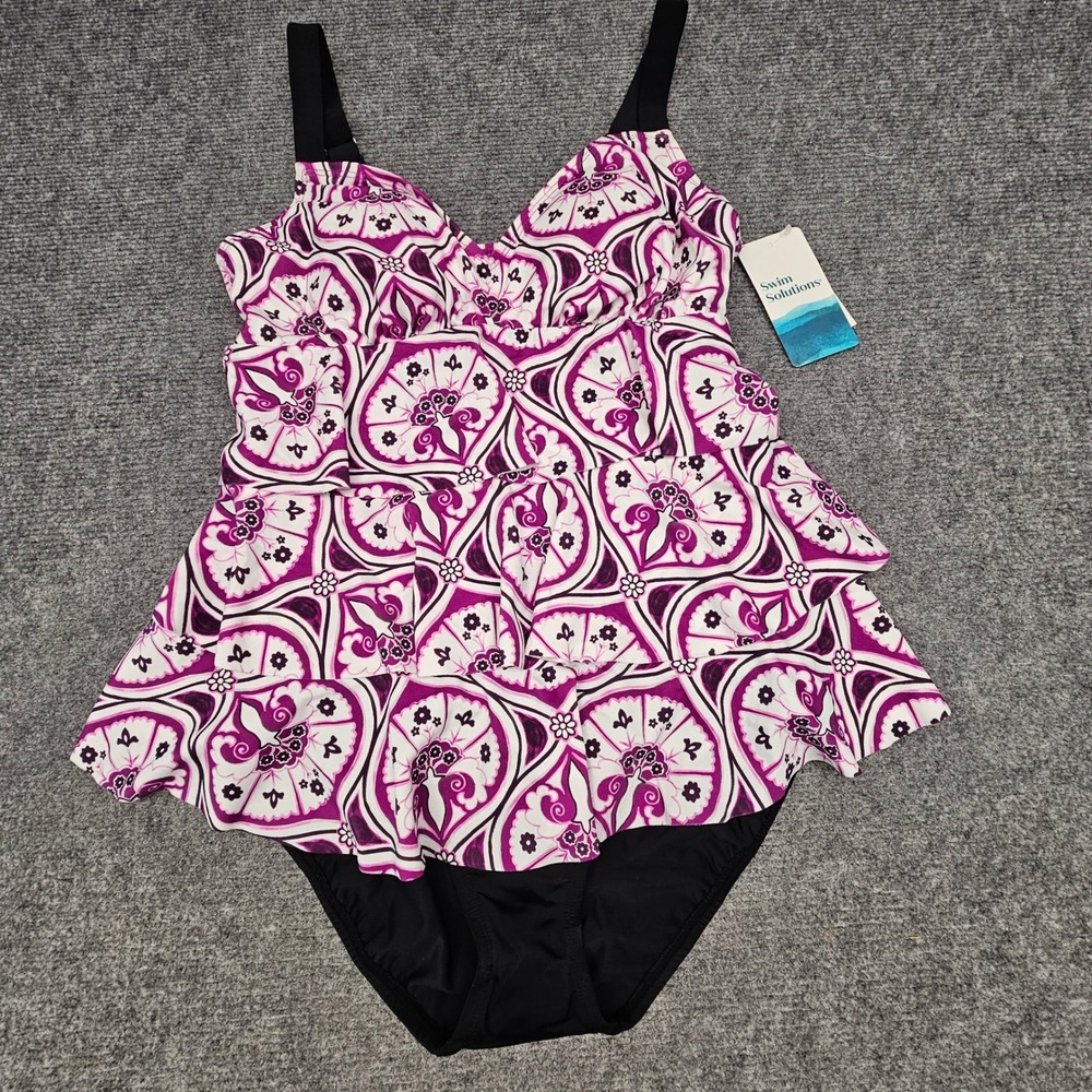 Swim Solutions Fauxkini 8 Magenta Triple Tier Paisley Tummy Control Swimsuit - Picture 1 of 11
